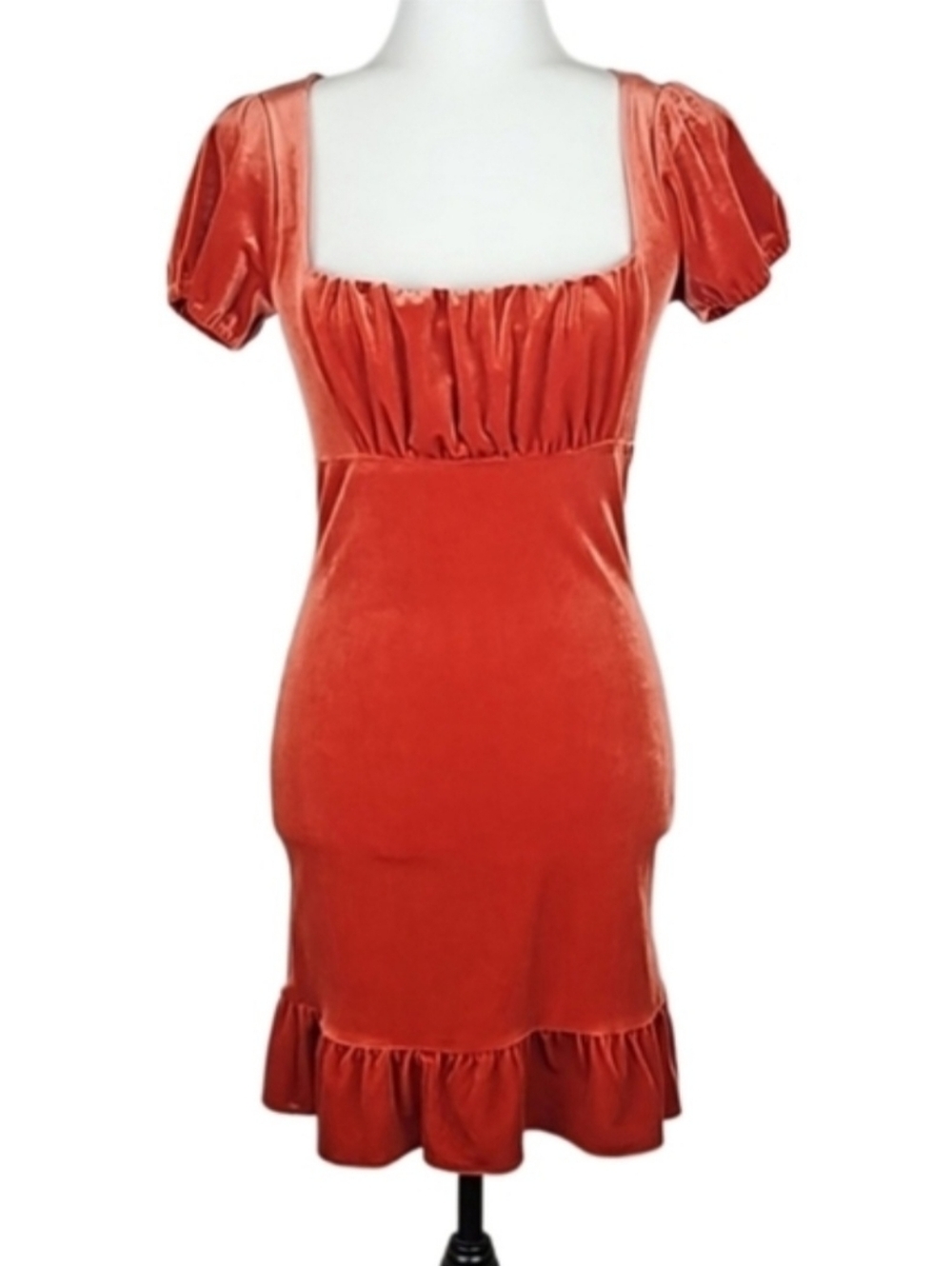 Retro Orange Velour Ruffle Trim Dress - Picture 2 of 11